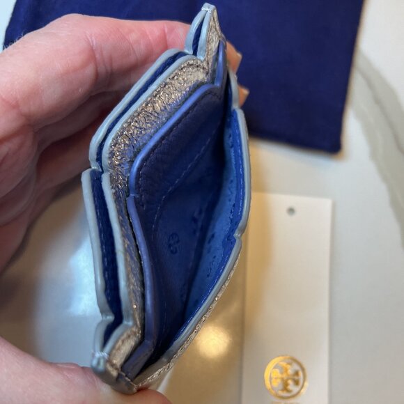 NWOT Tory Burch Scalloped-T Silver Metallic Leather Card Holder - Picture 7 of 9